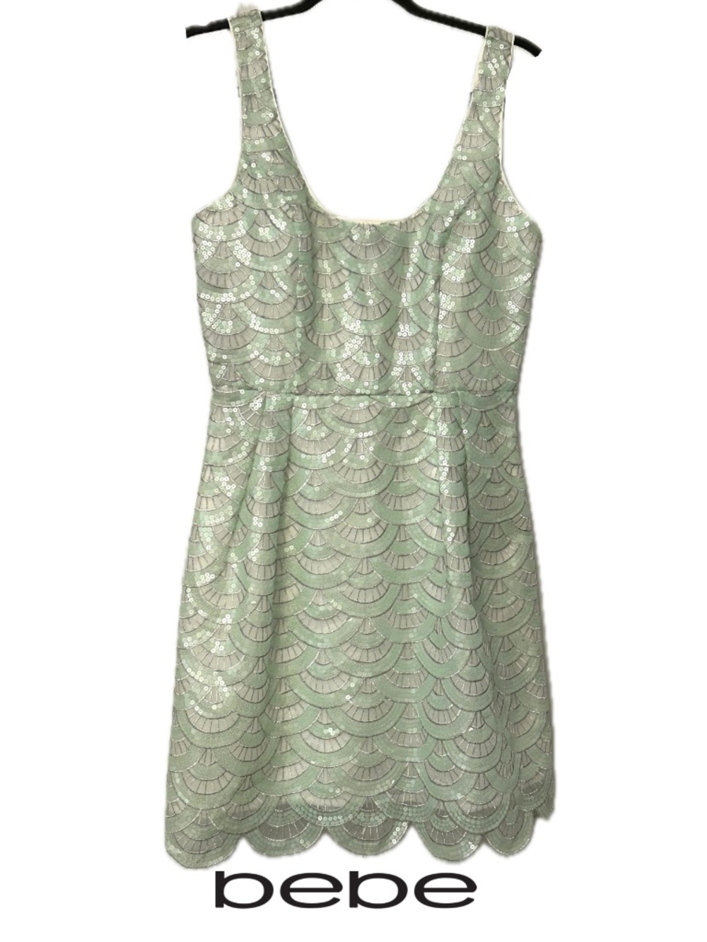 NWT Bebe Art Deco Mint Silver Sequin Organza Sleeveless Cocktail Dress Size S